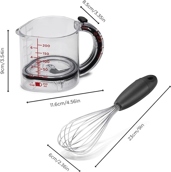 Dreamfarm 16 oz Upcup Adjustable Measuring Cup, 1 Cup & Mini Flisk – 4.6" Tritan & Silicone Self-Scraping Kitchen Tool for Wet & Dry Ingredients – Clear Measuring Container, Easy Clean Gadget