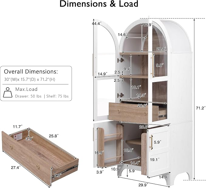 VilroCaz 71" Tall Arched Kitchen Pantry with Glass Doors and a Large Drawer, Farmhouse Kitchen Storage Cabinet with Open & Adjustable Shelves, Cupboard for Dining Room (White-6.4)