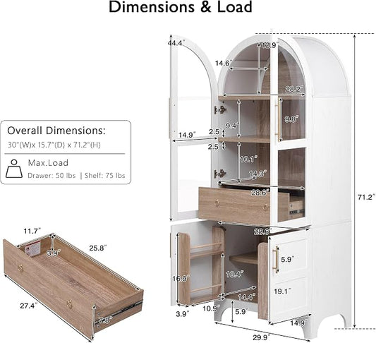 VilroCaz 71" Tall Arched Kitchen Pantry with Glass Doors and a Large Drawer, Farmhouse Kitchen Storage Cabinet with Open & Adjustable Shelves, Cupboard for Dining Room (White-6.4)