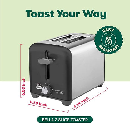 bella 2 Slice Toaster, Quick & Even Results Every Time, Wide Slots Fit Any Size Bread Like Bagels or Texas Toast, Drop-Down Crumb Tray for Easy Clean Up, Stainless Steel and Black
