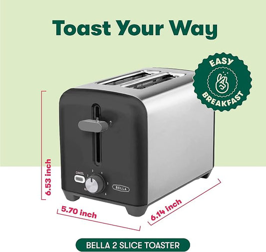 bella 2 Slice Toaster, Quick & Even Results Every Time, Wide Slots Fit Any Size Bread Like Bagels or Texas Toast, Drop-Down Crumb Tray for Easy Clean Up, Stainless Steel and Black