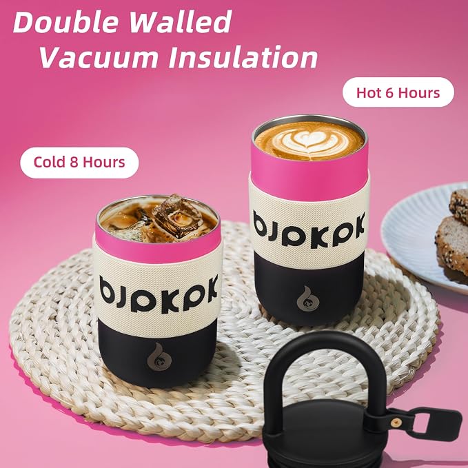 BJPKPK Insulated Stainless Steel Tumbler Cups 13oz Travel Coffee Mug With Lid And Handle,Pink And Black