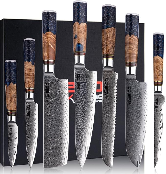 Seido Knives Hanikamu VG10 Damascus Chef Knife Set - Handcrafted Honeycomb Epoxy Resin with Stabilized Wooden Handles - Durable and Corrosion Resistant
