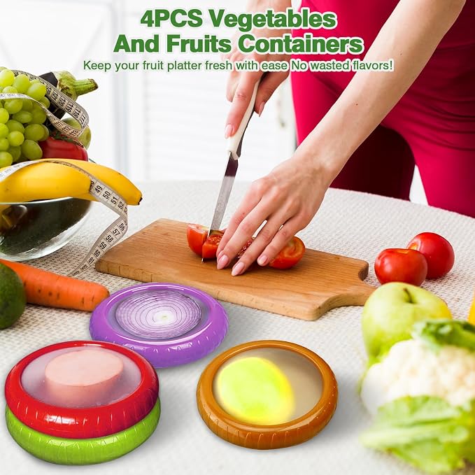 Reusable Avocado Saver and Onions Storage,4PCS Silicone Fruit and Veggie Savers,Stretch Fresh Pods Storage Box Set for Fridge,Ideal for Avocados, Tomatoes, Apples, Lemons,Potatoes, Garlic