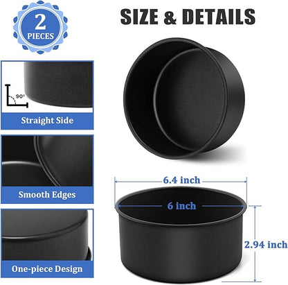 P&P CHEF 6 Inch Cake Pan, Nonstick Round Baking Layer Cake Pans Tins Set for Birthday Wedding, 2.94-Inch Deep Side & One-piece Design, Stainless Steel Core & Easy Clean, Black, 2Pcs