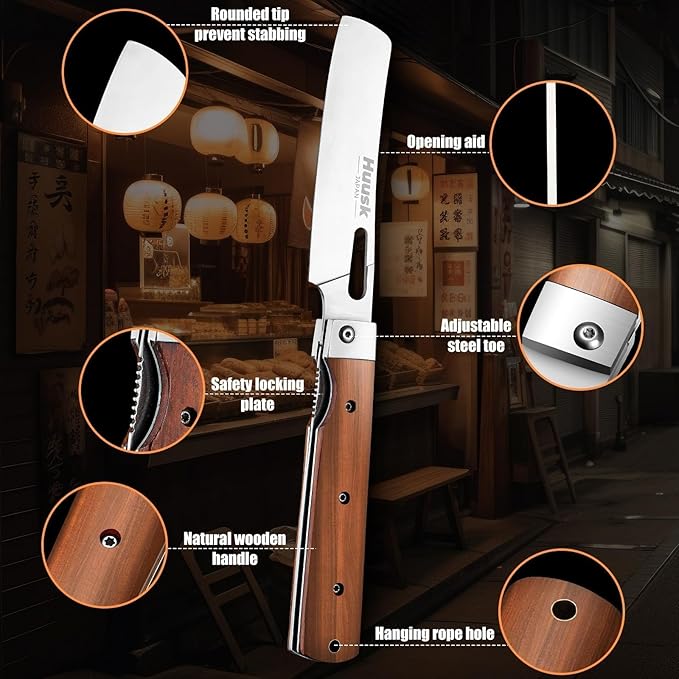Huusk Japanese Folding Nakiri Knife - Pocket Chef Knives with 440C Stainless Steel Ultra Sharp Blade, Portable Kitchen Knife for BBQ Trip Outdoor, Christmas Gift for Men and Women