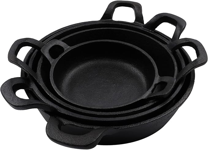Cast Iron Skillets Frying Pans Set of 4 (Pre-Seasoned) for Serving, Cooking and Baking 7.87” – 4.72”, Oven Safe Forms | Indoor & Outdoor Use
