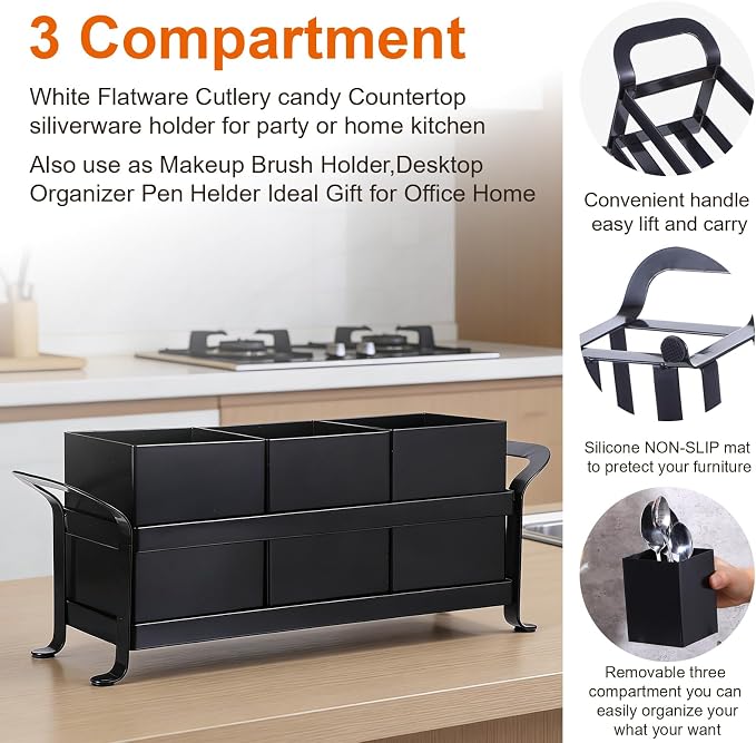 Cutlery Holder, Silverware Caddy Organizer Bin Holder - 3 Compartment Metal Utensil Tray with Drain Holes & Handle for Kitchen Countertop, Dining Table, Parties - Black