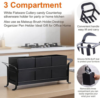 Cutlery Holder, Silverware Caddy Organizer Bin Holder - 3 Compartment Metal Utensil Tray with Drain Holes & Handle for Kitchen Countertop, Dining Table, Parties - Black