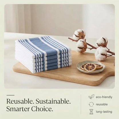 Urban Villa Kitchen Towels 100% Cotton Dish Towels for Kitchen (Set of 6) 20”x30” Dish Cloths Highly Absorbent Kitchen Linen Set with Hanging Loop Perfect for Drying Dishes Cleaning Towels-Blue White