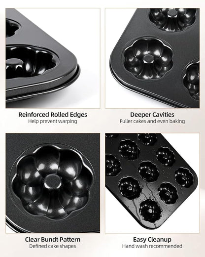 2 Pack Mini Bundt Cake Pans for Baking, 12-Cavity Nonstick Mini Bundtlette Baking Mold, Heavy-Duty Carbon Steel, Oven-Safe to 450℉ Versatile Fluted Bake Pan for Muffins, Brownies, Cupcakes, Mini Cakes