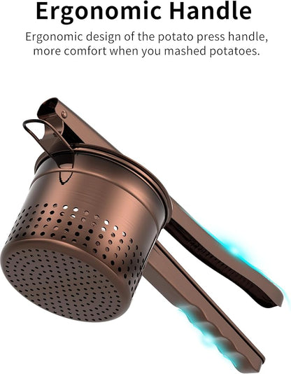 GloTika Large 15oz Potato Ricer Masher, Heavy Duty Stainless Steel Potato Masher with Ergonomic Handle, Masher and Ricer Kitchen Tool for Mashed Potatoes, Noodle Maker, Bronze Color