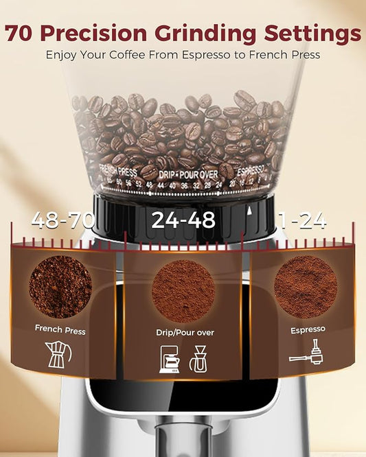Tuni G2 Silver Conical Burr Coffee Grinder with Black Digital Coffee Scale, 70 Grind Settings Anti-static Burr Mill for Espresso/Drip/Cold Brew/French Press
