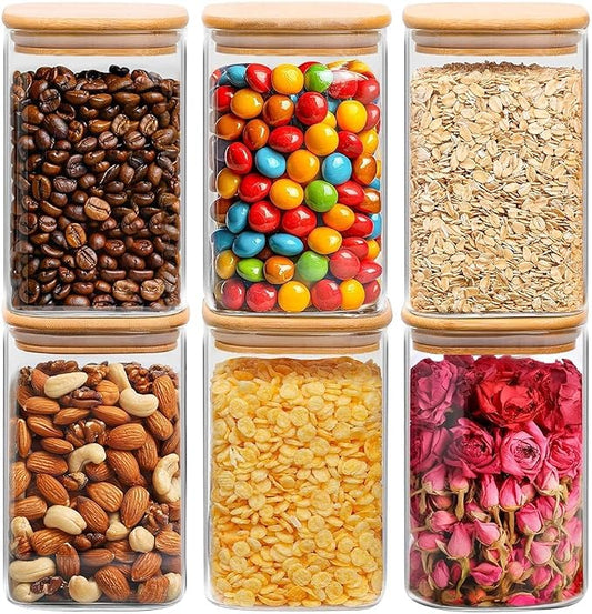 ComSaf 1.2 QT Glass Storage Containers with Lids, Glass Jars with Lids, Clear Food Jar, Square Canister Set of 6, Pantry Organizers and Storage for Cookie Flour Oat Pasta Tea Coffee Bean