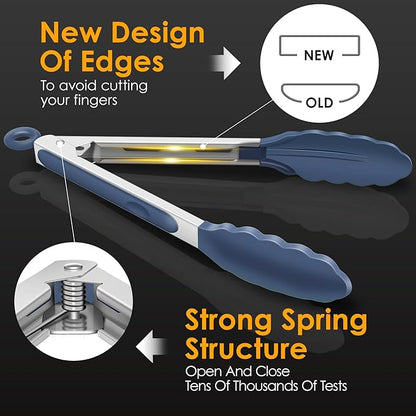HOTEC Premium Stainless Steel Locking Kitchen Tongs with Silicon Tips, Set of 3-7", 9" and 12" (Dusty Blue)