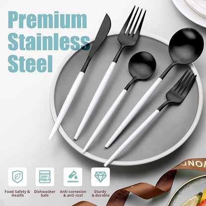 Lemeya Matte Black White Silverware Set for 4,Modern Stainless Steel Brushed Cutlery Set,20-Pieces Heavy Duty Flatware Set,Knives Spoons and Forks Set Utensils Set, Satin Finish, Dishwasher Safe