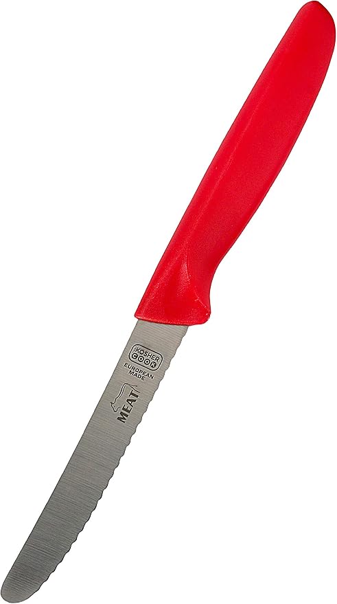 Meat Red Kitchen Knife - 4.5" Steak and Vegetable Knife - Razor Sharp Curved Tip, Serrated Edge - Color Coded Kitchen Tools by The Kosher Cook