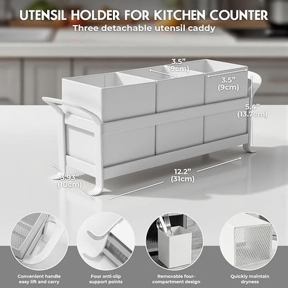 Utensil Holder Mesh Drainage Holes, 3pcs Bins Set Countertop Utensil Holder for Spoons, Forks and Knives, Cutlery Organizer Suitable for Party, Kitchen Counter, White
