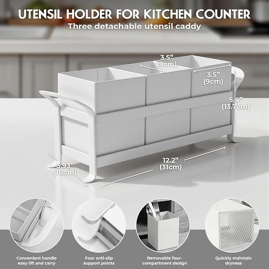 Utensil Holder Mesh Drainage Holes, 3pcs Bins Set Countertop Utensil Holder for Spoons, Forks and Knives, Cutlery Organizer Suitable for Party, Kitchen Counter, White