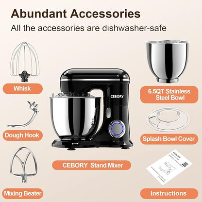 CEBORY 3-IN-1 Electric Stand Mixer, 6.5QT Bowl 660W 10-Speed Kitchen Mixer, Household Food Mixers include Dough Hook, Beater and Whisk, Bread Cake Mixer for Baking and Most Home Cooks, Black