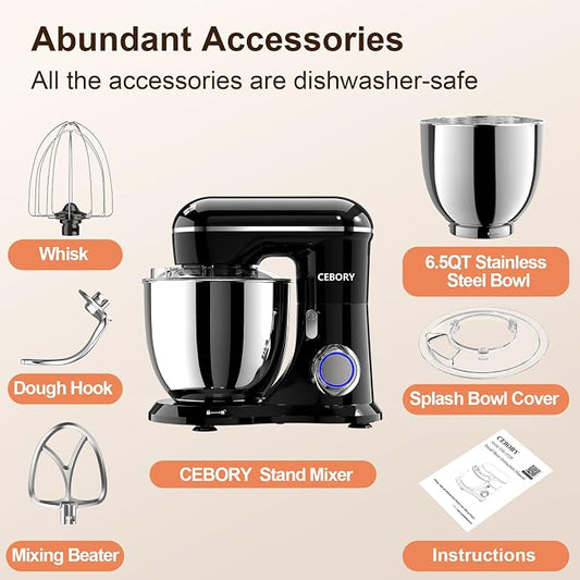 CEBORY 3-IN-1 Electric Stand Mixer, 6.5QT Bowl 660W 10-Speed Kitchen Mixer, Household Food Mixers include Dough Hook, Beater and Whisk, Bread Cake Mixer for Baking and Most Home Cooks, Black
