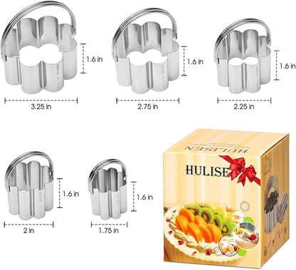 HULISEN Flower Cookie Cutter Set (5 Pieces/Set), Stainless Steel Scalloped Edge Biscuit Cutter with Handle, Professional Baking Tools Set, Gift Packaging (Plum Blossom)