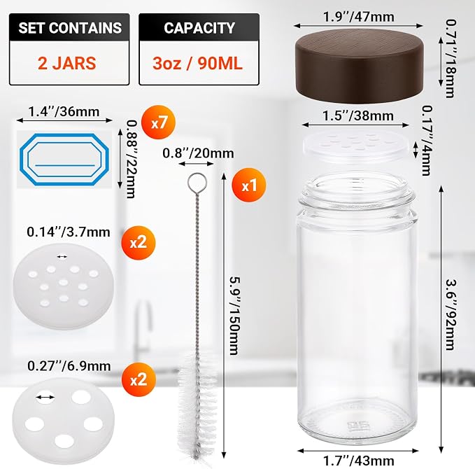 Segarty 3oz Spice Jar with Wood Lids, 2 PCS 90ml Glass Round Salt Jars with Shaker Lid, Clear Empty Seasoning Containers Spice Bottles Sugar Pepper Shakers, Small Storage Jar with 7 Stickers, 1 Brush