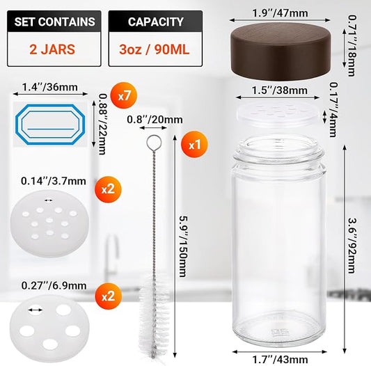 Segarty 3oz Spice Jar with Wood Lids, 2 PCS 90ml Glass Round Salt Jars with Shaker Lid, Clear Empty Seasoning Containers Spice Bottles Sugar Pepper Shakers, Small Storage Jar with 7 Stickers, 1 Brush