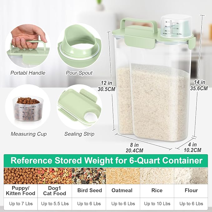 TBMax Airtight Rice Container 10 Lbs, Cereal Dispenser, Pet Cat Dog Food Storage Container, Plastic Kitchen Pantry Food Storage Holder with Cup -Light Green