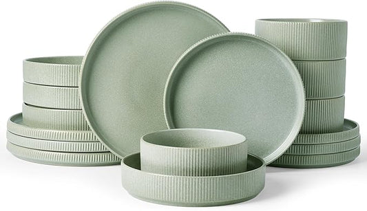 Famiware Star 16-Piece Stoneware Dinnerware Sets for 4 - Shallow Pasta Bowls & Flat Plates, Modern Rustic Reactive Glaze Dishes, Chip & Scratch Resistant, Microwave & Dishwasher Safe, Matte Sage Green