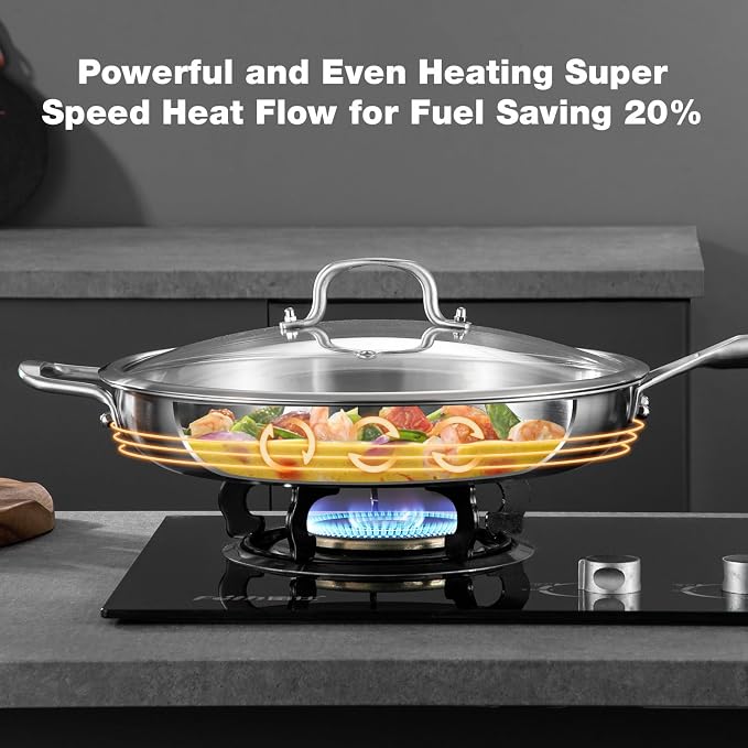 Yeksum 12-Inch Tri-Ply Fully Bonded Stainless Steel Frying Pan with Tempered Glass Lid | Chef's Skillet, Induction Compatible, Dishwasher & Oven Safe