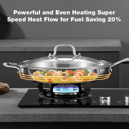 Yeksum 12-Inch Tri-Ply Fully Bonded Stainless Steel Frying Pan with Tempered Glass Lid | Chef's Skillet, Induction Compatible, Dishwasher & Oven Safe
