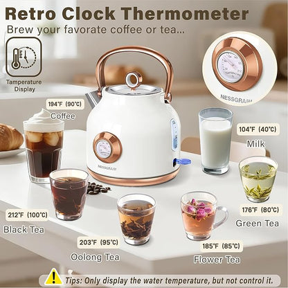Retro Electric Kettle, 1.7L Stainless Steel Tea Kettle with Large Temperature Gauge, 1500W Fast Heating Hot Water Boiler with LED Indicator, Auto Shut-off & Boil-Dry Protection-Reteo White