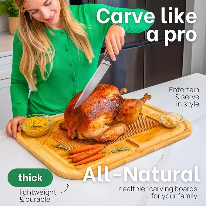 24 Inch Organic Bamboo Extra Large Carving Board with Lifetime Replacements - 2XL Meat Cutting Board and Wooden Butcher Block with Pour Spout, Turkey Platter for Christmas Holiday Essentials