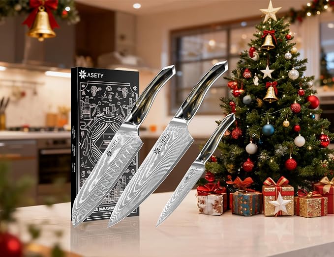 ASETY Damascus Knife Set 3 PCS: Ultra-Sharp Professional Chef Knife Set, Japanese Kitchen Knives with VG10 Steel Core, Full Tang Resin Handle, Elegant Box for Men Women, Fathers day