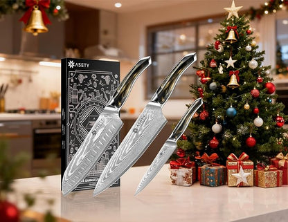 ASETY Damascus Knife Set 3 PCS: Ultra-Sharp Professional Chef Knife Set, Japanese Kitchen Knives with VG10 Steel Core, Full Tang Resin Handle, Elegant Box for Men Women, Fathers day