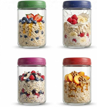 18 OZ 4Pack, Overnight Oats Jars with Lids, Glass Meal Prep Containers, Airtight Mason Jars for Breakfast, Yogurt Parfait, Salad & Smoothies, Leakproof and Reusable Food Storage Jars(4-1)