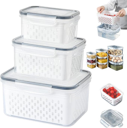 4 in 1 Food Storage Containers with Lids, Food Storage Containers With Lids Airtight, With Removable Colander, For Fruits & Vegetables, Easy to Soak, Clean, Drain and Store (Gray, S+M+L)