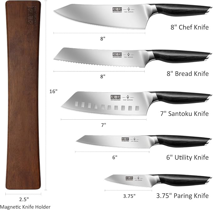 HOSHANHO Knife Set with Magnetic Knife Holder, 6 Pieces Ultra Sharp Kitchen Knife Set, High Carbon Powder Steel Chef Knives Sets with Ergonomic Pakkawood Handle