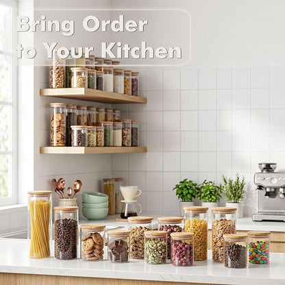 6-Pack 0.8Qt Round Glass Storage Jars with Bamboo Lids | Minimalist Kitchen Organizer,Pantry Storage Container,Food Storage Container,Scandinavian Style Storage,Nordic Style Storage