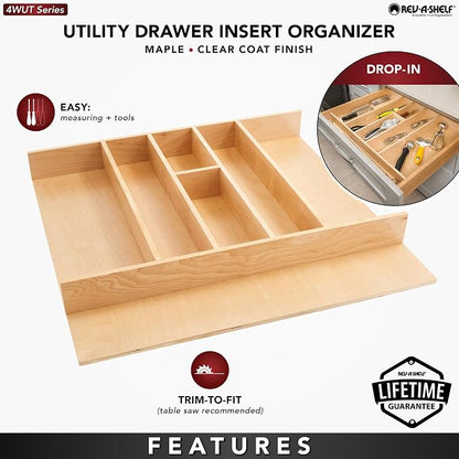 Rev-A-Shelf Trim-to-Custom-Fit Silverware Drawer Organizer For Kitchen Utensils, Cutlery Cabinet Storage Divider Insert, 23.98 x 21.97 In, Maple Wood, 4WUT-3