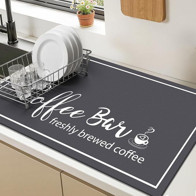 Findosom Dish Drying Mat, 12"x 20" Super Absorbent & Hide Stain Coffee Mat, Cuttable Drying Mat for Kitchen Counter, Coffee Bar Accessories, Under Dish Rack, Coffee Maker, Espresso Machine, DarkGrey