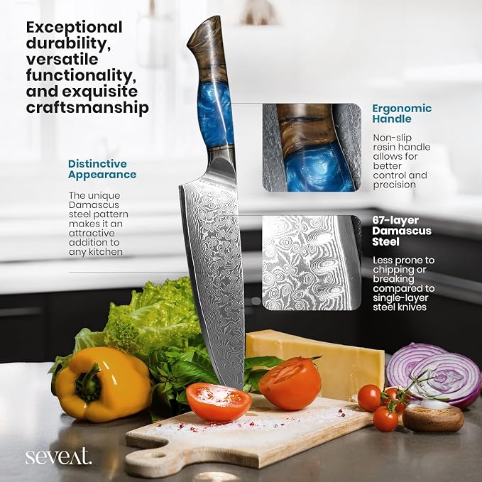 Damascus Kitchen Knife Set | 67-Layer Damascus Steel | Professional Japanese Chef Knife Set | Ergonomic Wood & Resin Handle | Gift Box Included (Blue, 5-Piece Set)