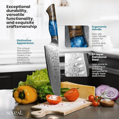 Damascus Kitchen Knife Set | 67-Layer Damascus Steel | Professional Japanese Chef Knife Set | Ergonomic Wood & Resin Handle | Gift Box Included (Blue, 5-Piece Set)