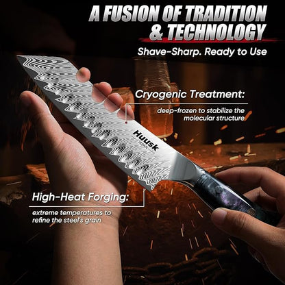 Huusk Japanese Santoku Knife 7" - Professional Chef Knife for Kitchen with Resin Handle, Stainless High Carbon Steel, Hand Sharpened All Purpose Kitchen Cooking Knives with Sheath,Men's Gift