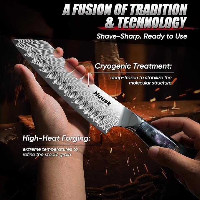 Huusk Japanese Knife Set 3 PCS - Stainless Chef Knife Set with Sheath & Ergonomic Resin Handle, Hand Sharpened Full Tang Professional Kitchen Knives for All Purpose, Fathers Day Gift Idea for Men Dad