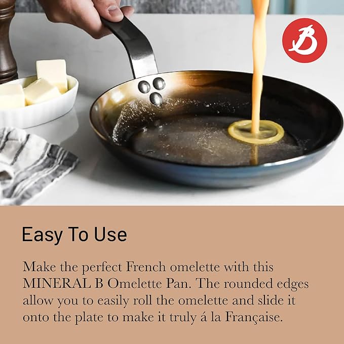 de Buyer MINERAL B Carbon Steel Omelette Pan - 11” Diameter, 8.3” Cooking Surface - Naturally Non-Stick Finish - Made in France