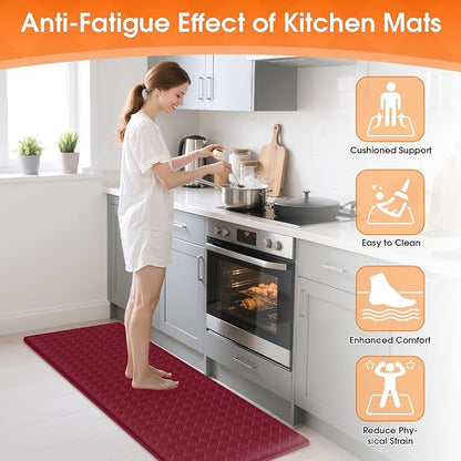 TranquilRelax Kitchen Mats, 2PCS Kitchen Rugs, Cushioned Anti Fatigue Kitchen Mats for Floor, Non-Slip Standing Desk Mat, Waterproof Kitchen Rug Set for Kitchen, Floor, Office,17.3"×30"+17.3"×47",Red