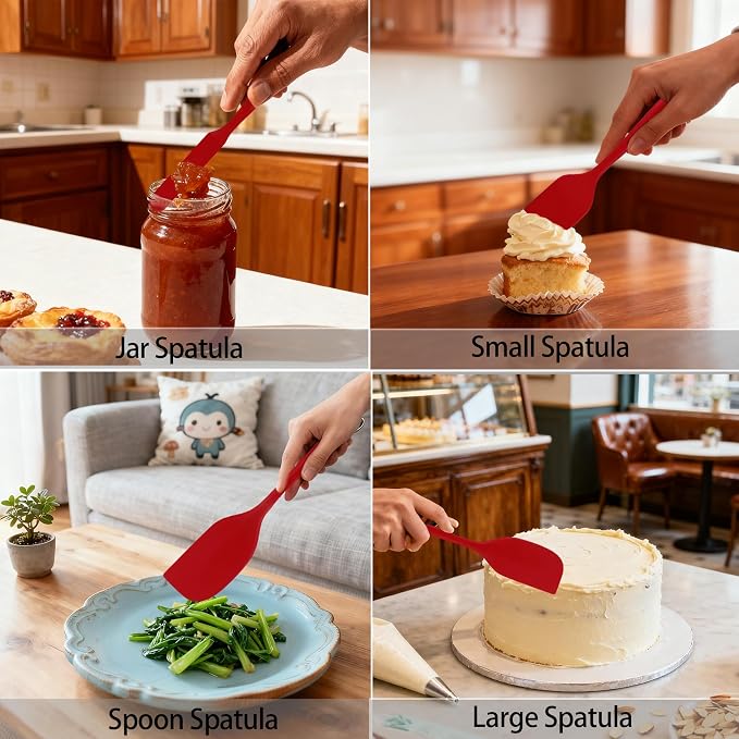 Silicone Spatula Set, Food Grade Rubber Spatula, 4 Pcs Heat Resistant Silicone Spatulas, One Piece Design Non-Stick Kitchen Utensils for Cooking, Stirring, Baking & Mixing, Dishwasher Safe (Red)