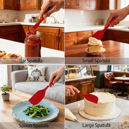 Silicone Spatula Set, Food Grade Rubber Spatula, 4 Pcs Heat Resistant Silicone Spatulas, One Piece Design Non-Stick Kitchen Utensils for Cooking, Stirring, Baking & Mixing, Dishwasher Safe (Red)